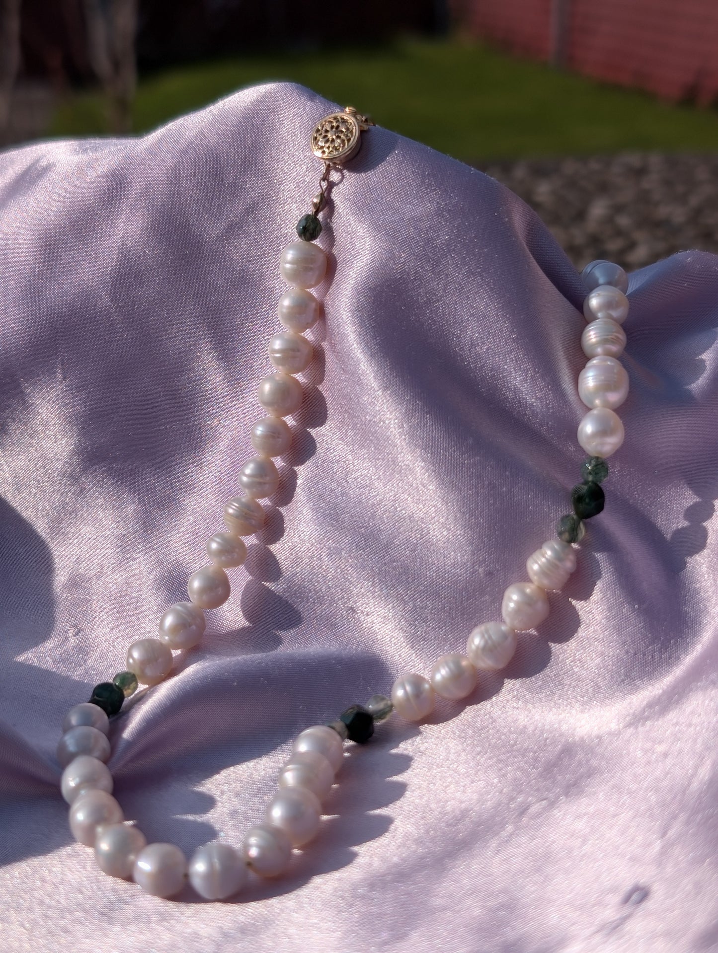 "Rachael" Moss Agate Pearl Necklace