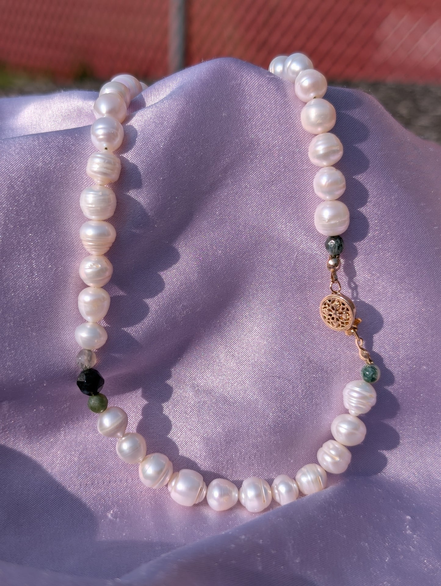 "Rachael" Moss Agate Pearl Necklace