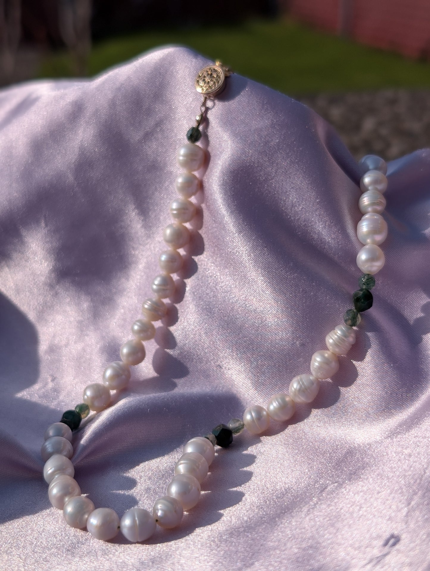 "Rachael" Moss Agate Pearl Necklace