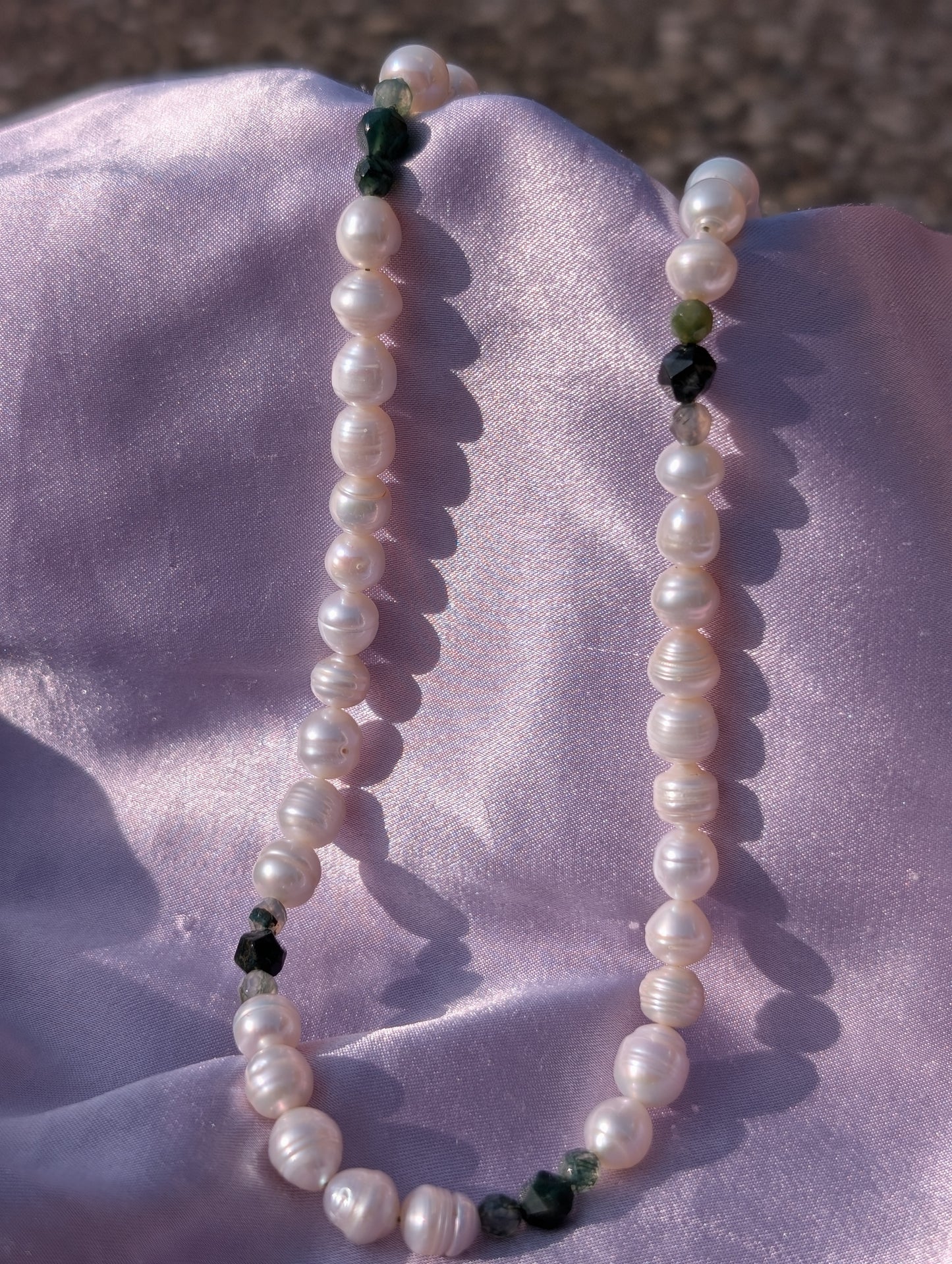 "Rachael" Moss Agate Pearl Necklace
